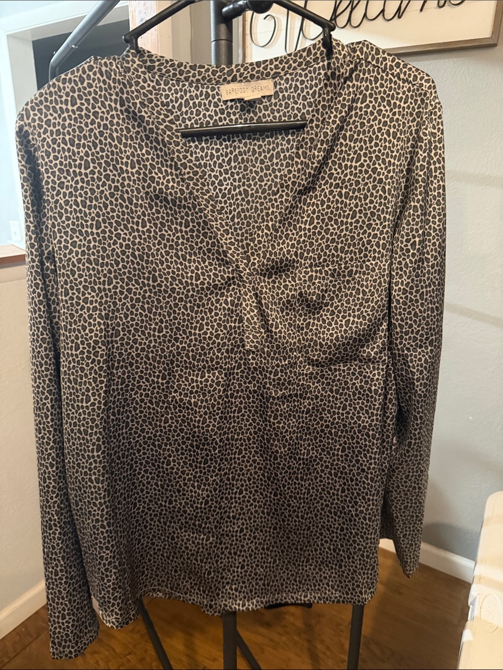 Barefoot Dreams Long-Sleeve Silk Leopard Print Shirt in Brown and Black
